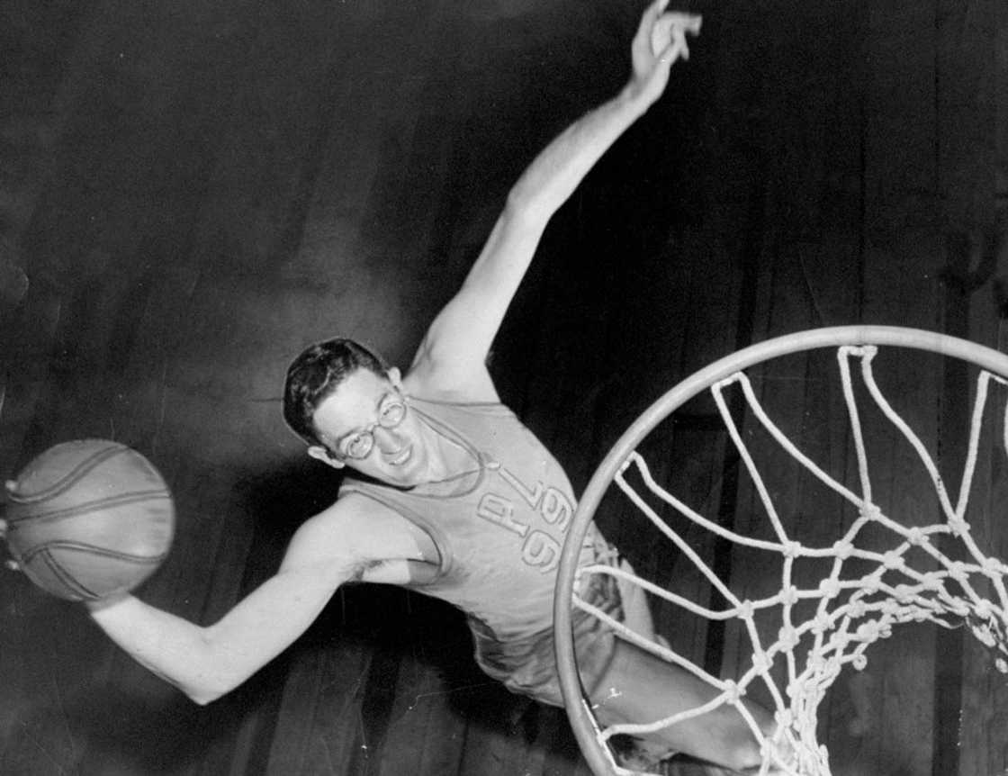 George Mikan of the Minneapolis Lakers during warmup