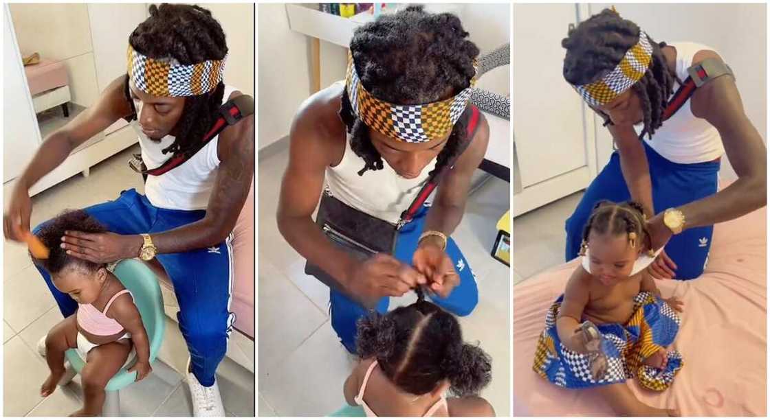 Photos of a young dad making a nice hair for his little daughter. Photos of a young dad making a nice hair for his little daughter.