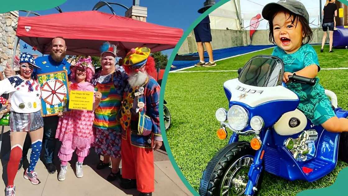 A group of cheerful people dressed as clowns during NNO (L). A young child riding a small toy police motorcycle on a green field (R) A group of cheerful people dressed as clowns during NNO (L). A young child riding a small toy police motorcycle on a green field (R)