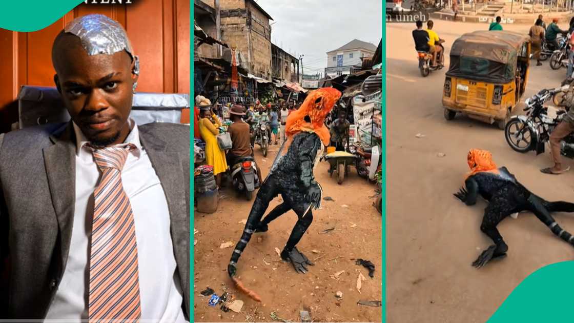 Man enters market in lizard costume. Man enters market in lizard costume.