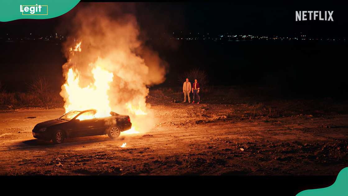A burning car marks a dramatic turning point in Run Away A burning car marks a dramatic turning point in Run Away