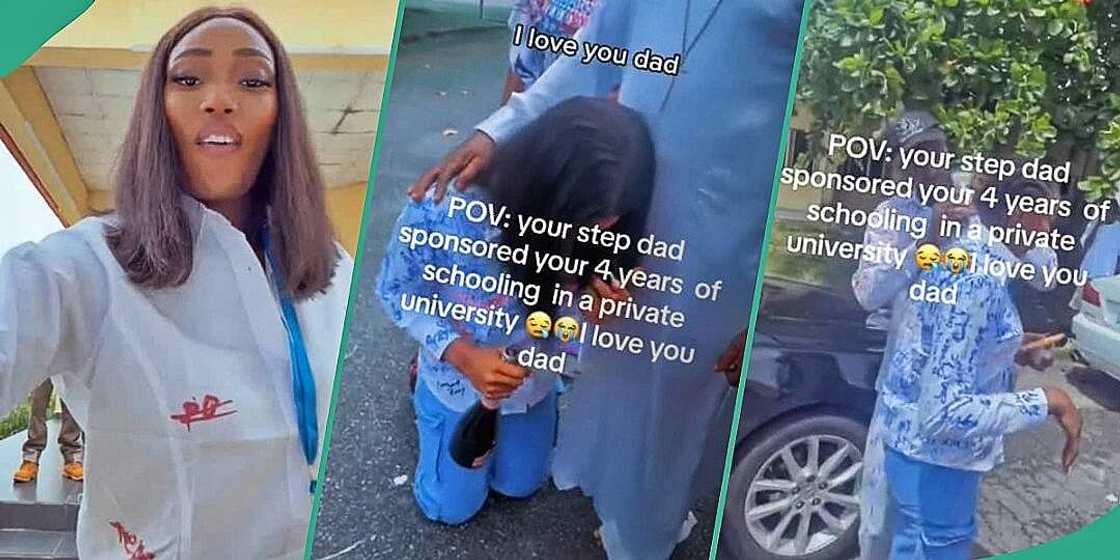 Watch video as lady praises stepfather who saw her through school for 4 years