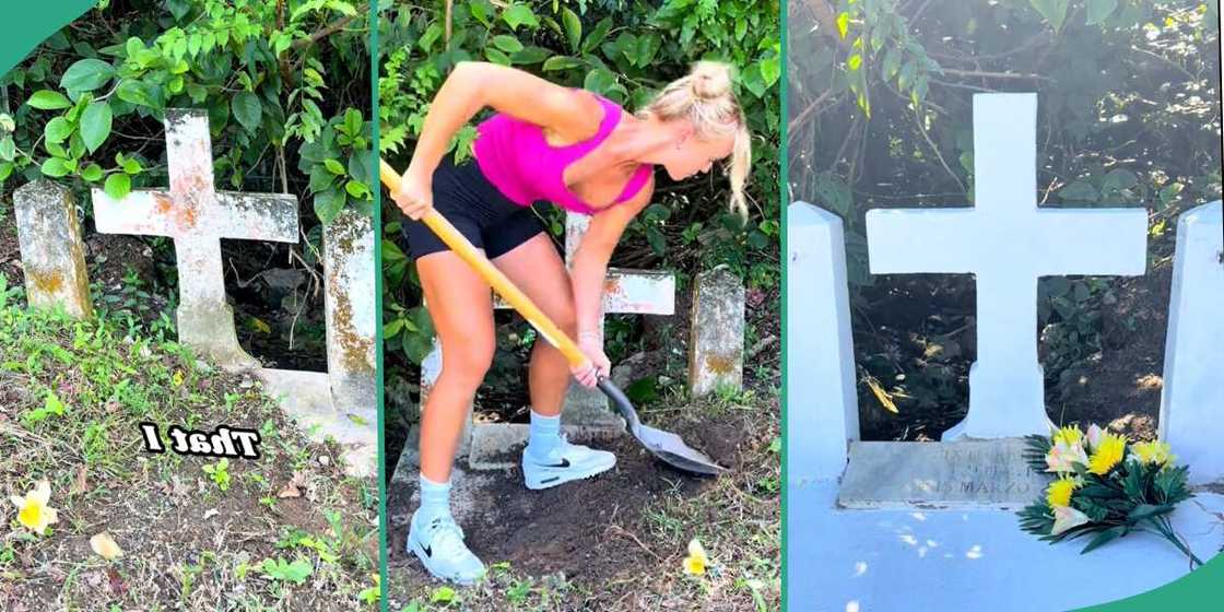 Lady cleaning graveside. Lady cleaning graveside.
