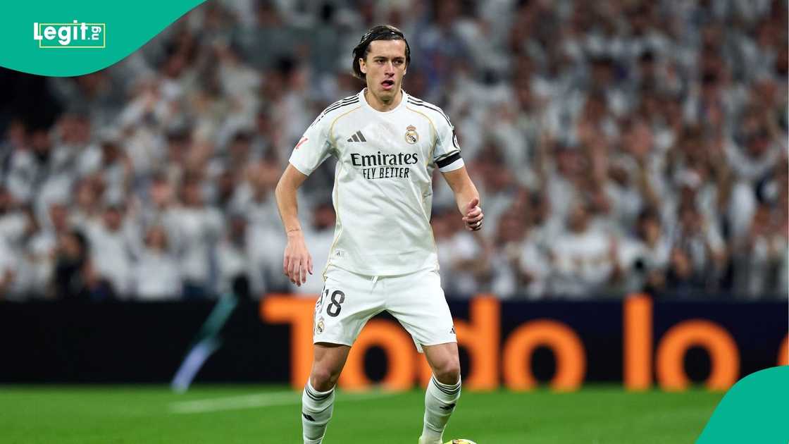 Alvaro Carreras, UEFA, Champions League, Real Madrid, Manchester City, Football. Alvaro Carreras, UEFA, Champions League, Real Madrid, Manchester City, Football.