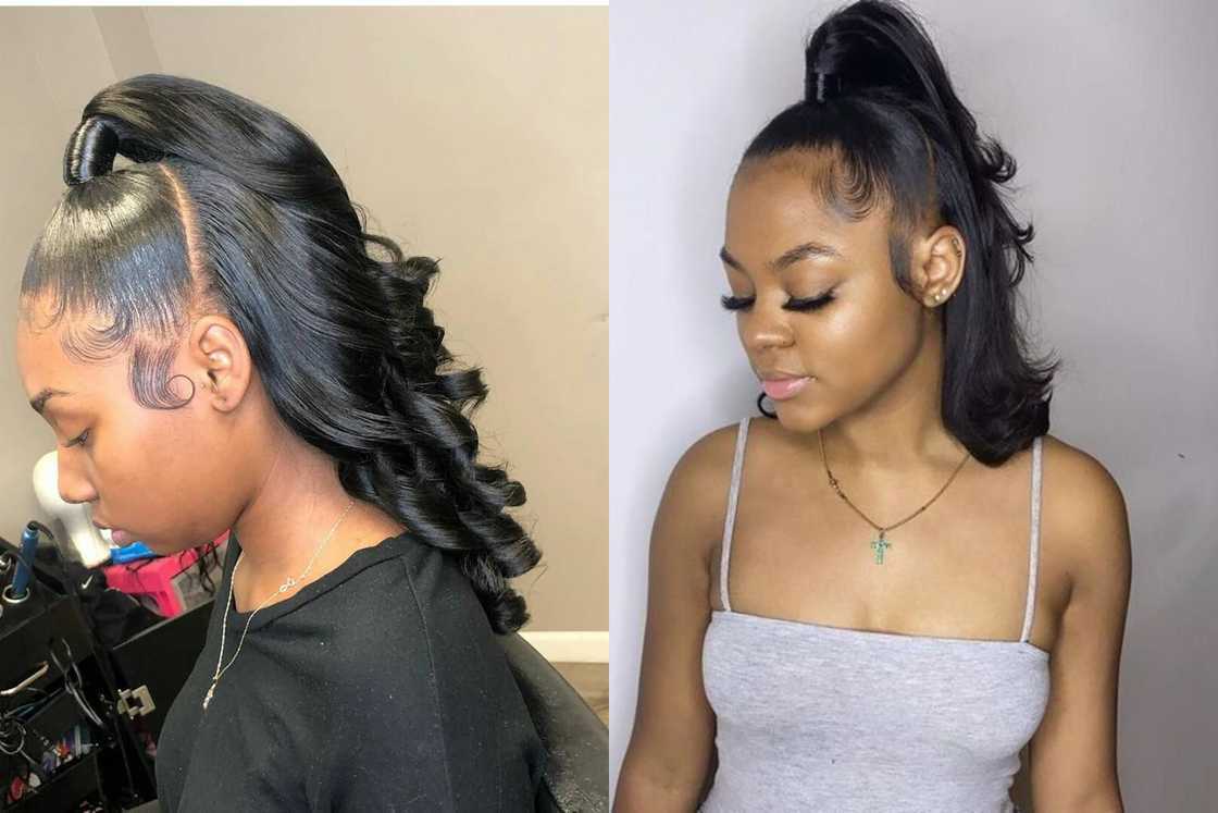 Two African ladies with a half-up gel hairstyle Two African ladies with a half-up gel hairstyle