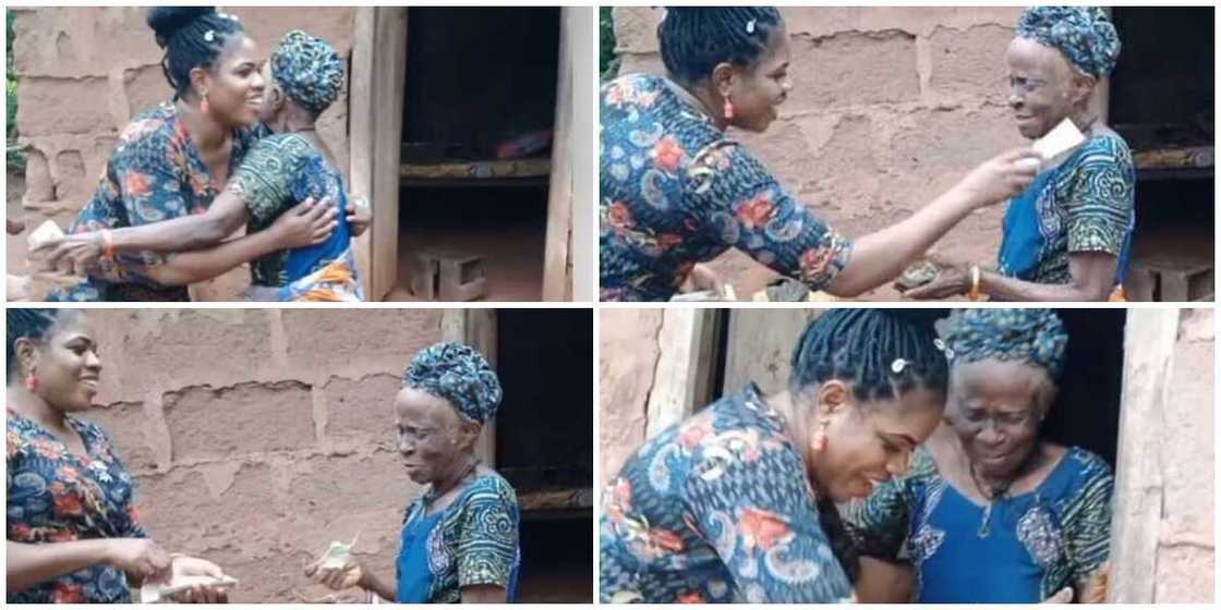 Young Nigerian lady stuns woman who is over 100 years old, visits and rains money on her, video goes viral Young Nigerian lady stuns woman who is over 100 years old, visits and rains money on her, video goes viral