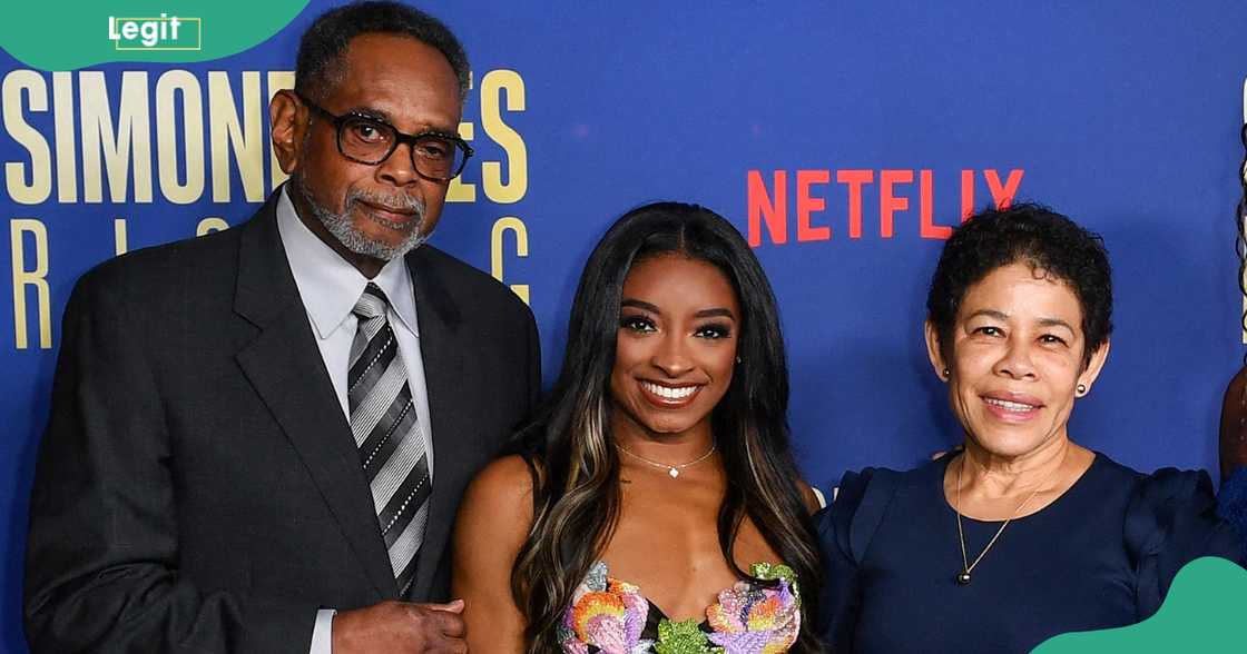 Simone Biles with her parents, Ron and Nellie Biles, at The Egyptian Theatre in Hollywood.