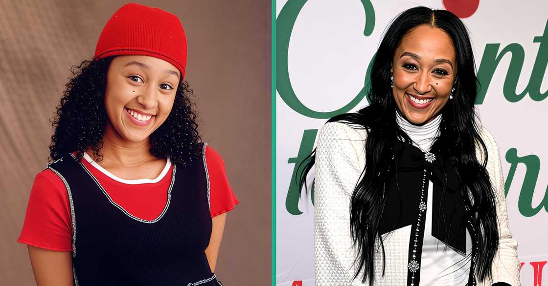 Tamera Mowry poses for the Sister, Sister promotional poster (L). The former child actress poses on the red carpet of a 2024 Hallmark Channel's Countdown to Christmas Event (R). Tamera Mowry poses for the Sister, Sister promotional poster (L). The former child actress poses on the red carpet of a 2024 Hallmark Channel's Countdown to Christmas Event (R).