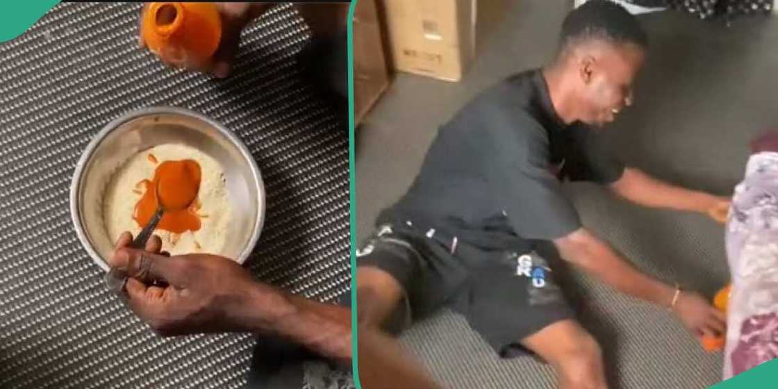 Reactions as man spots pal drinking garri with red oil Reactions as man spots pal drinking garri with red oil