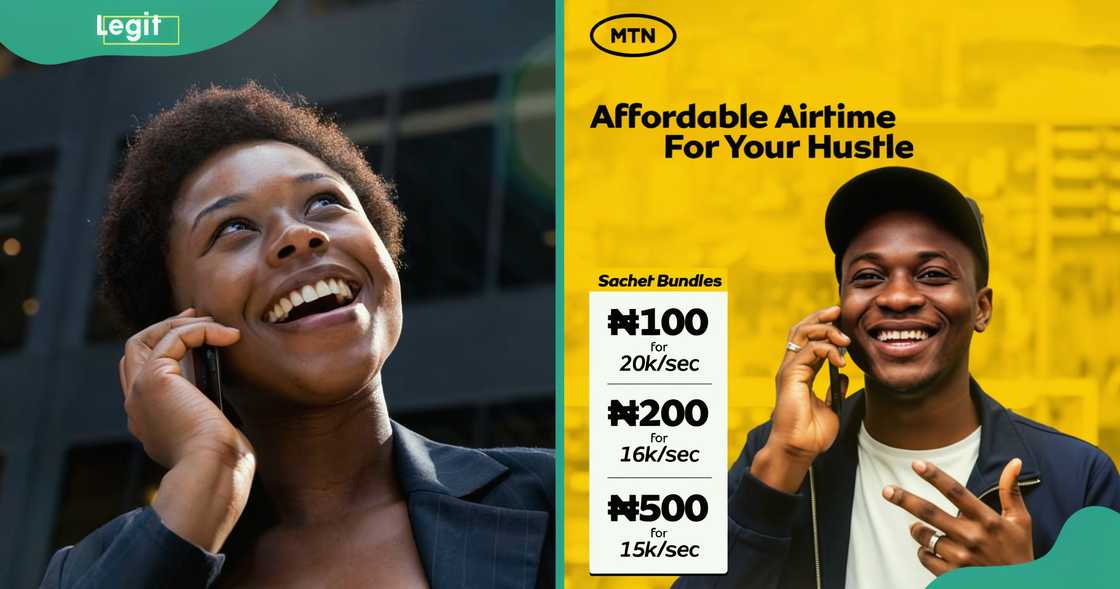 A mobile user making a call. A promotional poster for MTN Sachet Bundle A mobile user making a call. A promotional poster for MTN Sachet Bundle