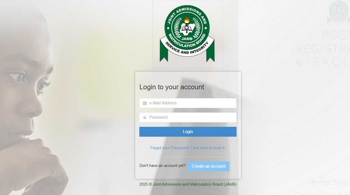 A screenshot of the JAMB E-facility portal log in page A screenshot of the JAMB E-facility portal log in page