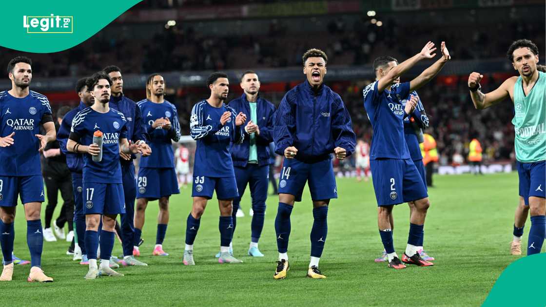 Desire Doue, Bradley Barcola, Khvicha Kvaratskhelia, Vitinha, João Neves, PSG, Arsenal, UEFA Champions League, Emirates Stadium, London, England. Desire Doue, Bradley Barcola, Khvicha Kvaratskhelia, Vitinha, João Neves, PSG, Arsenal, UEFA Champions League, Emirates Stadium, London, England.