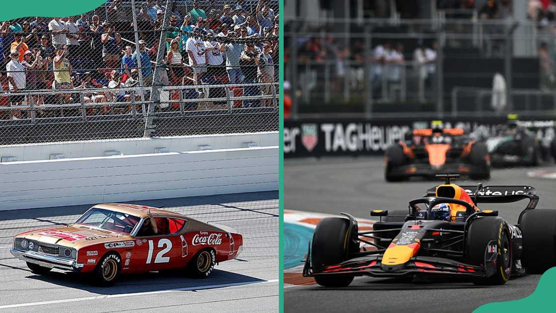 A NASCAR car at Talladega (L). F1 cars on track (R) A NASCAR car at Talladega (L). F1 cars on track (R)