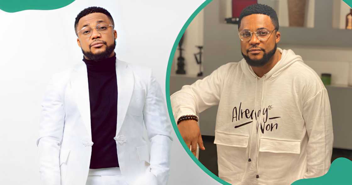 Tim Godfrey poses standing in different places.