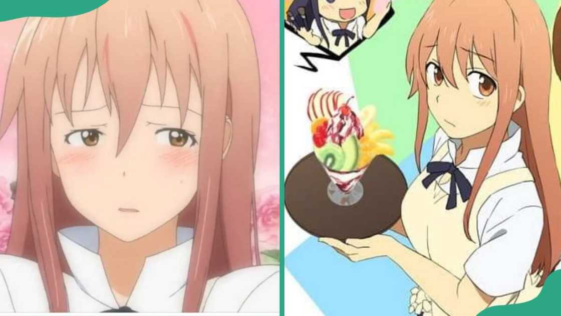 Souta Takanashi appears frustrated (L). The character holding a plate bearing a dessert (R) Souta Takanashi appears frustrated (L). The character holding a plate bearing a dessert (R)