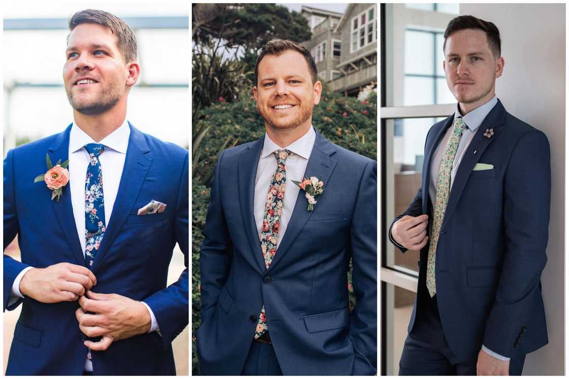 Floral ties with navy suits for wedding Floral ties with navy suits for wedding