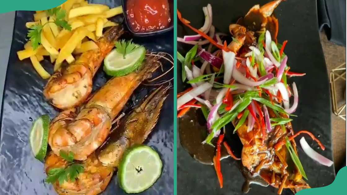 A platter of gigantic grilled pawns with chips, sauce, and lemons (L). A platter of grilled pawns with vegetables on top (R) A platter of gigantic grilled pawns with chips, sauce, and lemons (L). A platter of grilled pawns with vegetables on top (R)