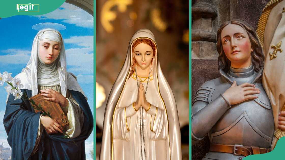 Catherine of Siena (L), Mary the mother of Jesus (C) and Joan of Arc (R). Catherine of Siena (L), Mary the mother of Jesus (C) and Joan of Arc (R).