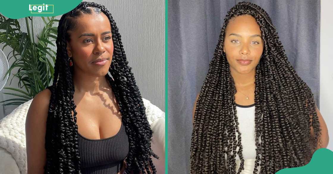 Two women pose wearing long passion twists. Two women pose wearing long passion twists.