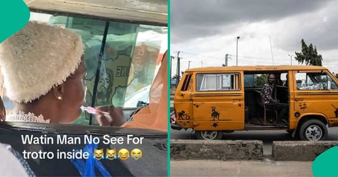 Woman brushes her teeth on commercial bus