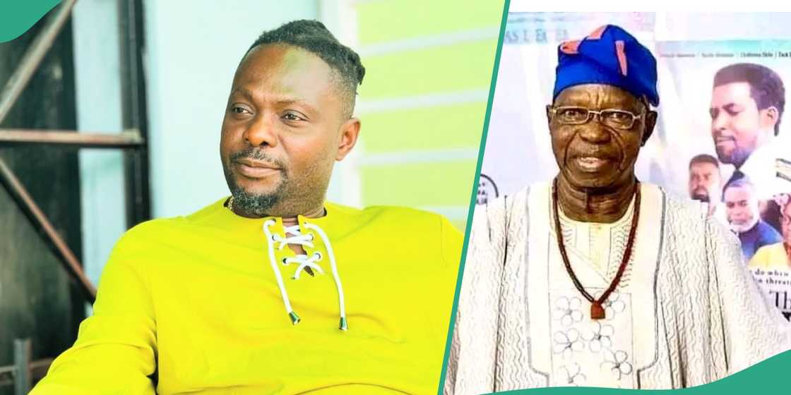 Kunle Afod helps veteran actor Lere Paimo. Kunle Afod helps veteran actor Lere Paimo.