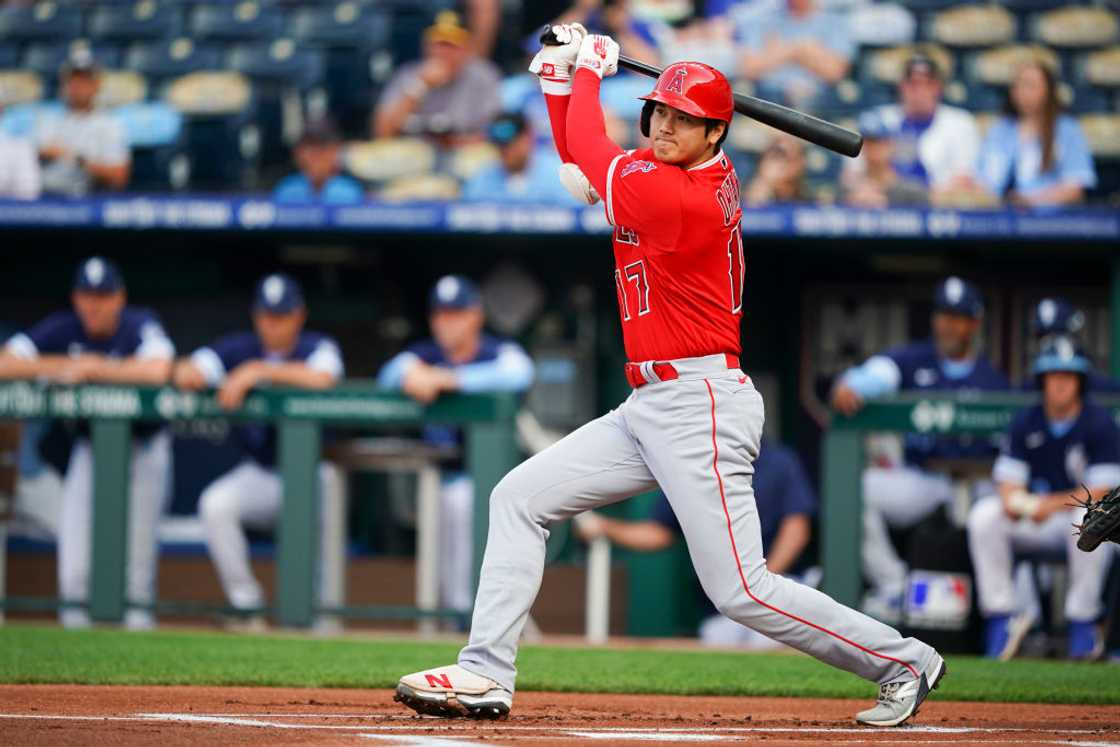 Shohei Ohtani connects on a Kansas City Royals pitch for a double Shohei Ohtani connects on a Kansas City Royals pitch for a double