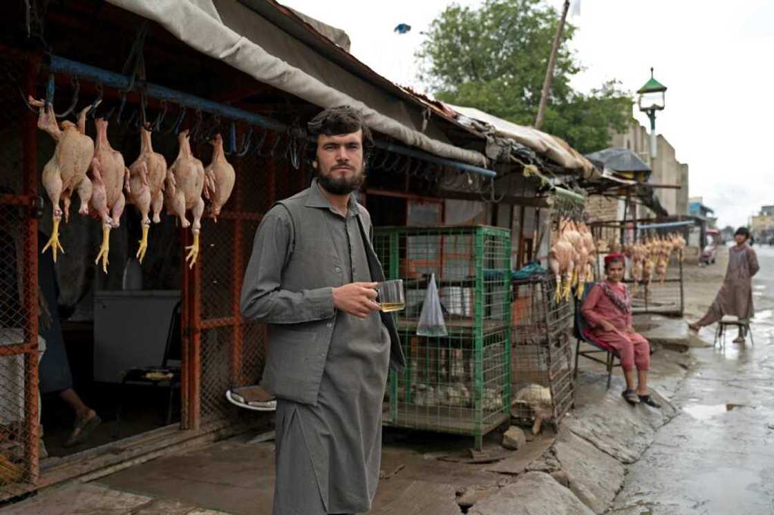 A chicken vendor drinks tea as he waits for customers in front of his shop in a market near the former US military base in Bagram A chicken vendor drinks tea as he waits for customers in front of his shop in a market near the former US military base in Bagram