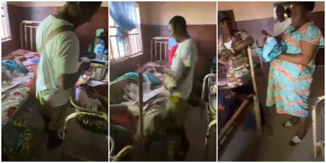 Nigerians react as man shows up at hospital, rains N100 notes on mother and baby in viral video Nigerians react as man shows up at hospital, rains N100 notes on mother and baby in viral video