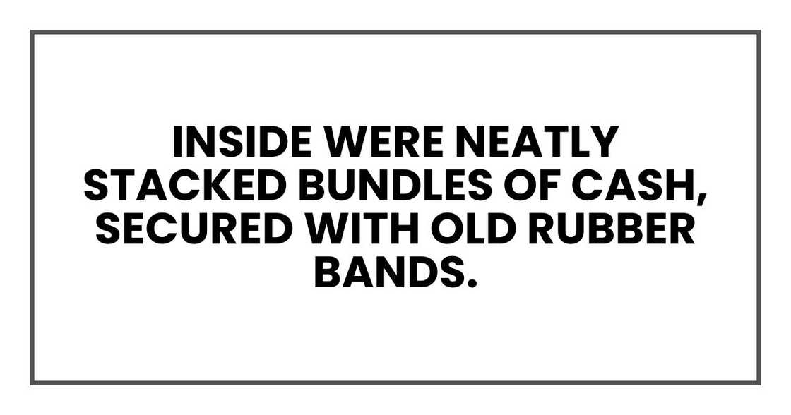 Inside were neatly stacked bundles of cash, secured with old rubber bands.