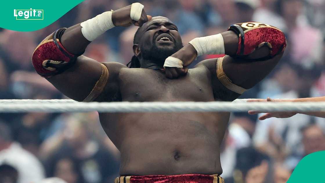 Oba Femi, Brock Lesnar, WrestleMania 42, Allegiant Stadium, Las Vegas, Nevada. Oba Femi, Brock Lesnar, WrestleMania 42, Allegiant Stadium, Las Vegas, Nevada.