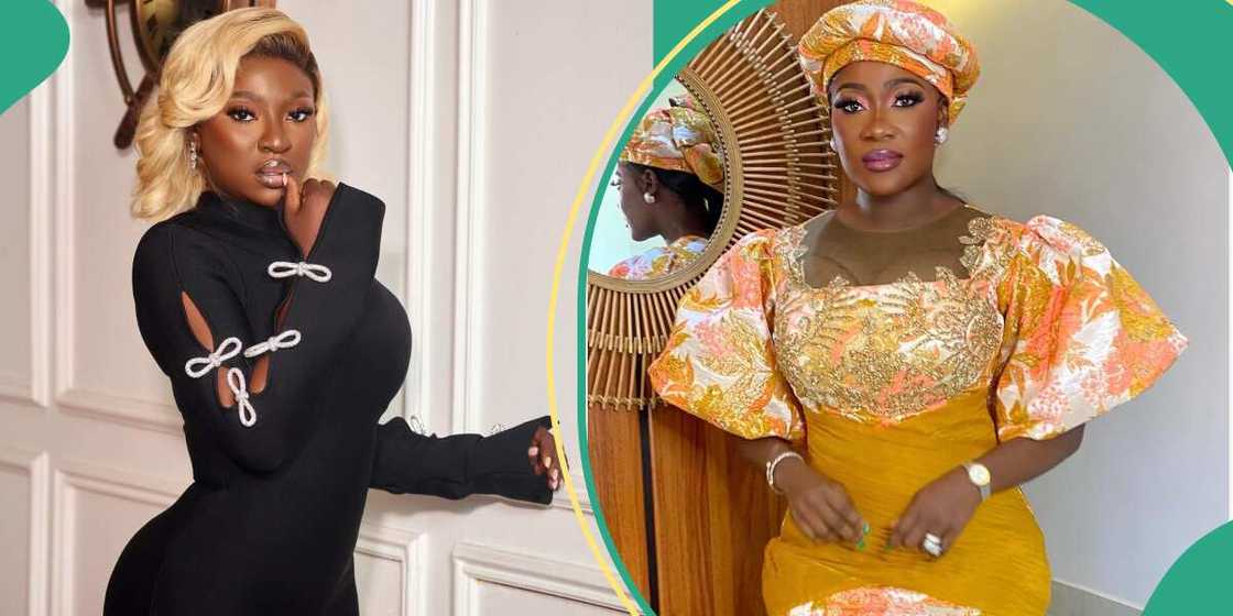 Yvonne Jegede tackles Mercy Johnson over meat and Okada. Yvonne Jegede tackles Mercy Johnson over meat and Okada.