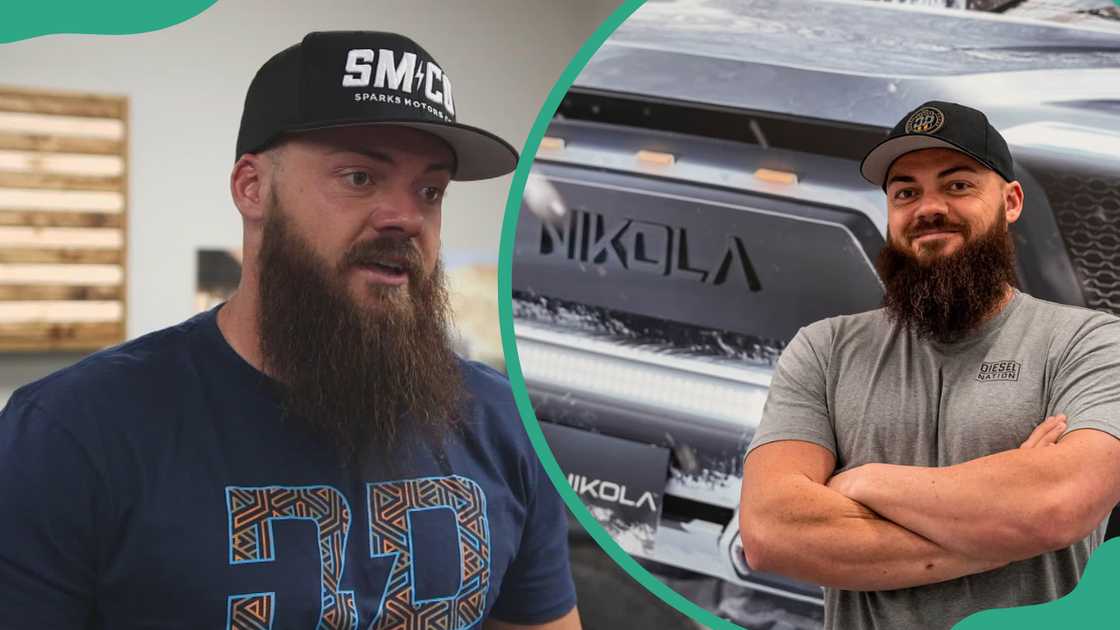 Dave Sparks is pictured in a navy tee and a black cap (L), and in a grey tee in front of a Nikola truck (R)