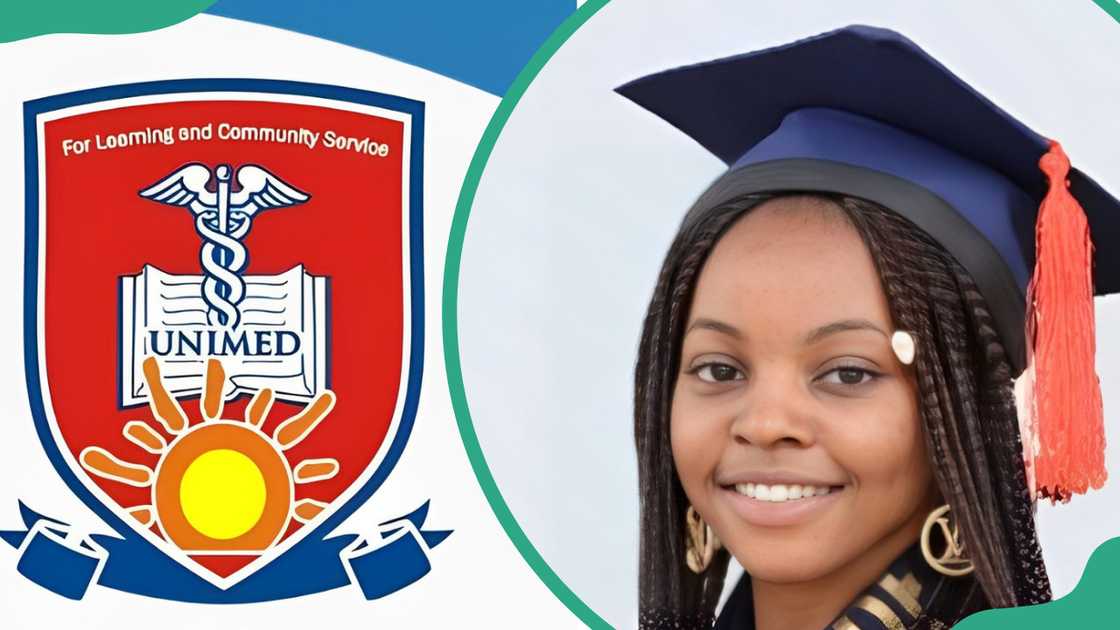 UNIMED logo (L) and student in a graduation cap (R)