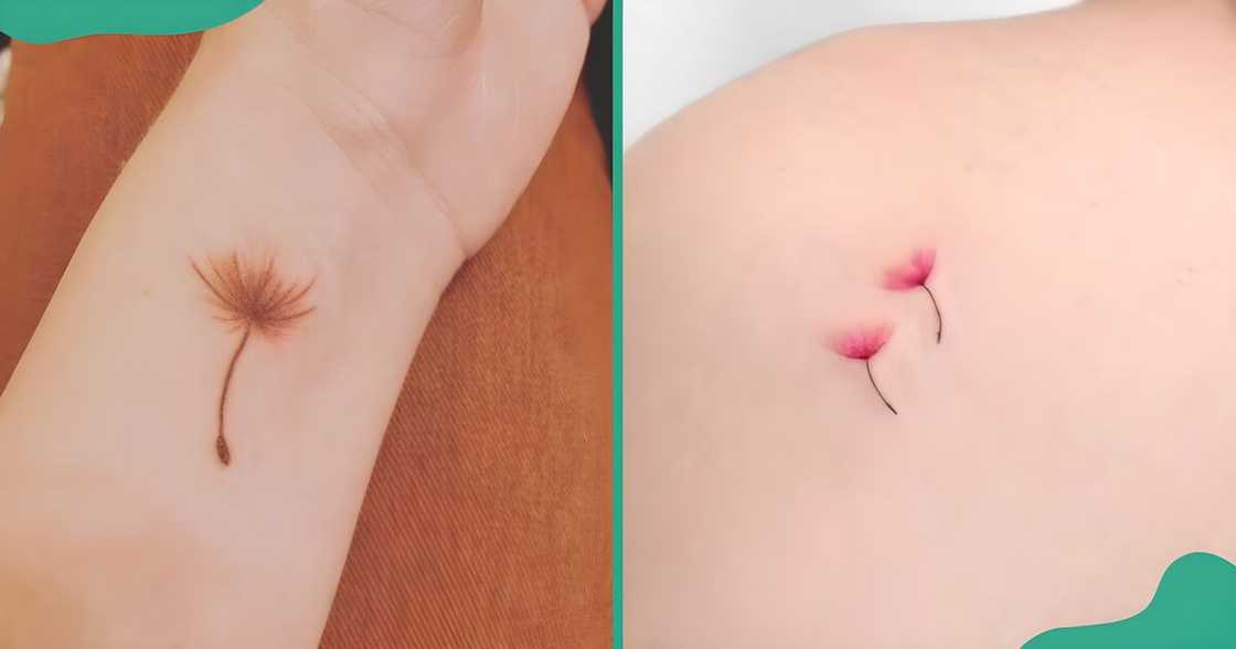 Minimalist fine line dandelion seed tattoos on the wrist (L) and the back (R). Minimalist fine line dandelion seed tattoos on the wrist (L) and the back (R).