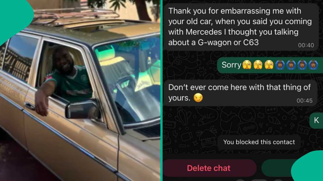 Reactions as man displays unexpected message lady sent him for visiting her in old Mercedes Benz