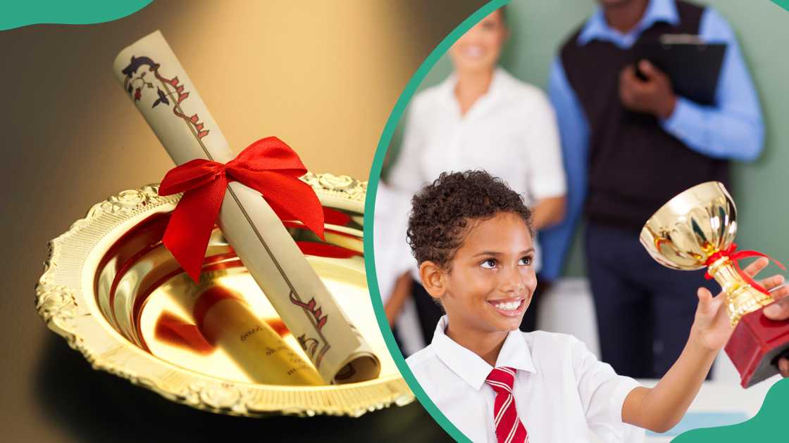 A rolled up paper on plate against a gray background (L). A school boy receiving a trophy in classroom (R)