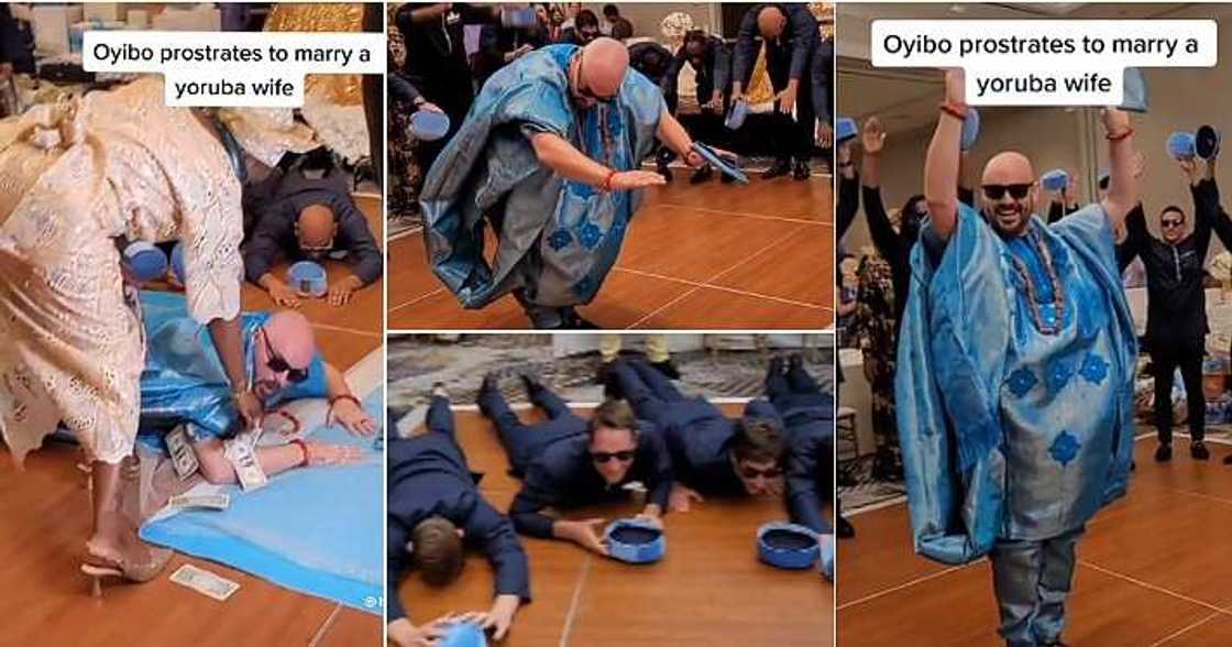 Yoruba man prostrates, traditional wedding, Yoruba bride Yoruba man prostrates, traditional wedding, Yoruba bride