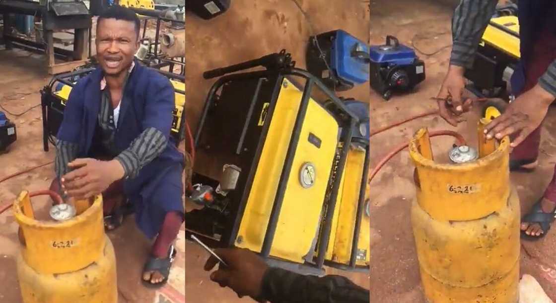 Photos of a man running generating set with cooking gas. Photos of a man running generating set with cooking gas.
