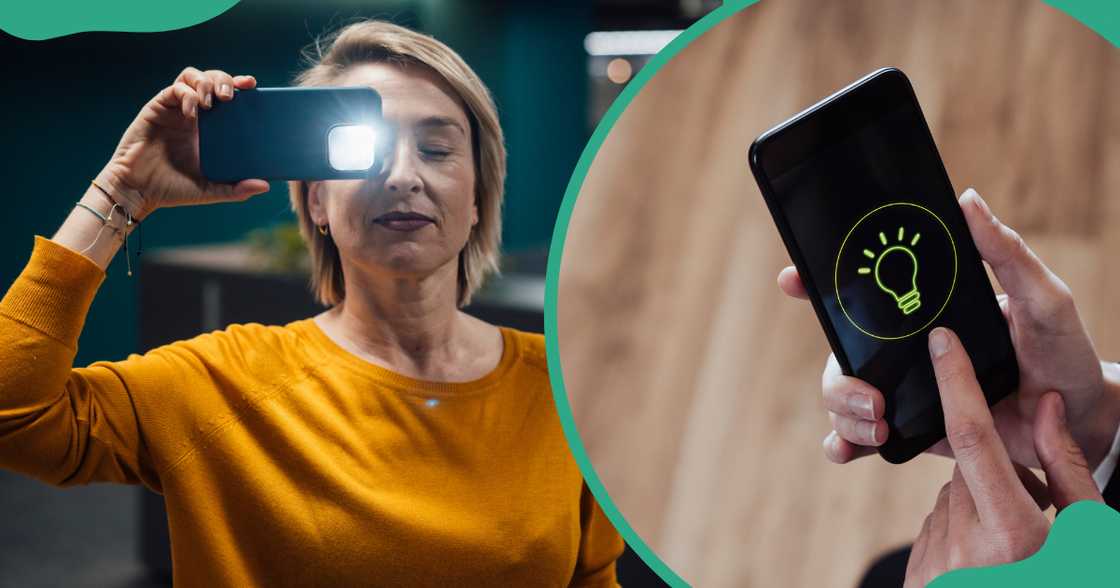 A woman uses a flashlight to take a photo in a dark room (L). A phone shows the flashlight icon (R).