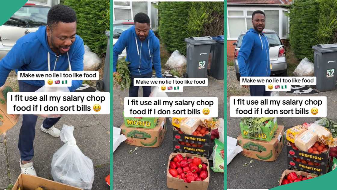 Man shows food items.