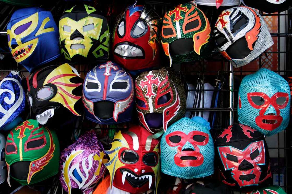 Hanging colorful Mexican Lucha Libre wrestling masks