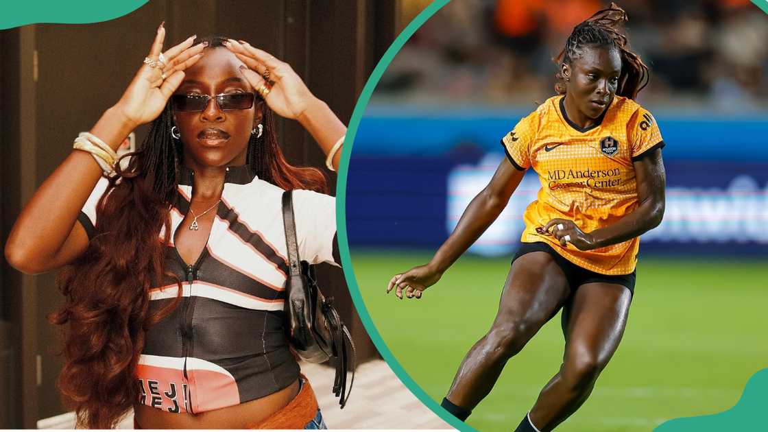 Michelle Alozie striking a confident pose with her hands raised near her sunglasses (L). The footballer focused intensely on the game (R)