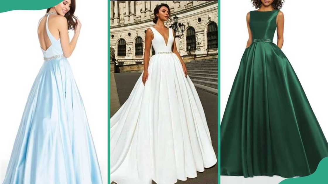 Light blue A-line gown (L), white A-line gown (C) and purple A-line gown (R) Light blue A-line gown (L), white A-line gown (C) and purple A-line gown (R)