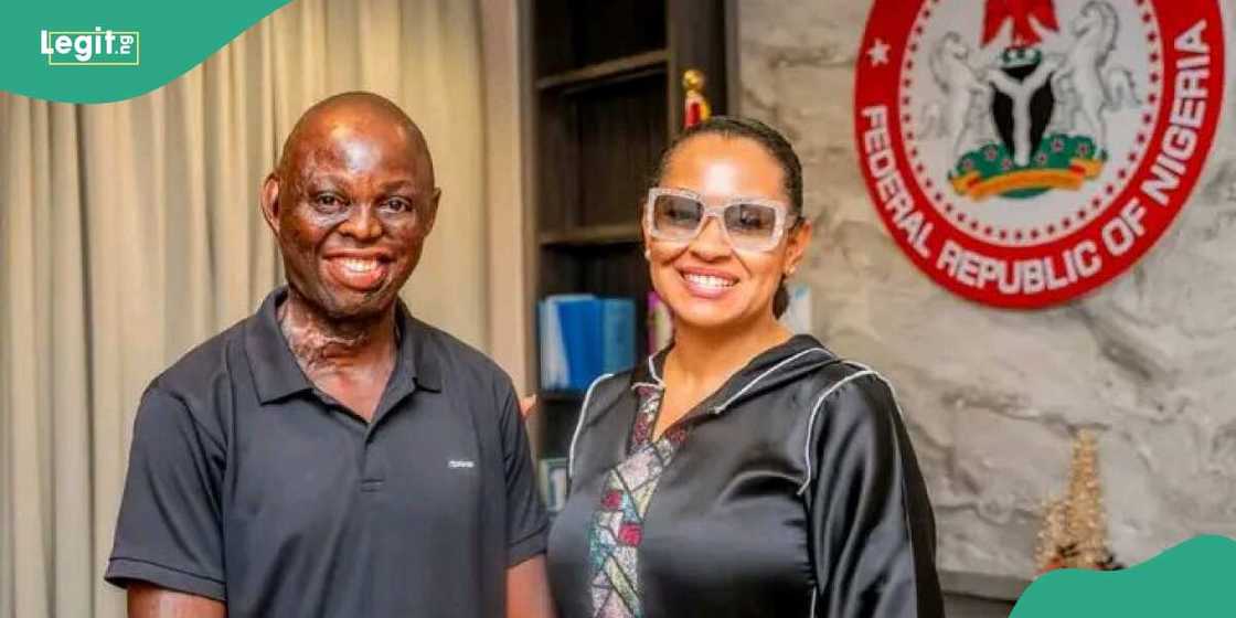Kogi Central senator, Natasha Akpoti, and a fire accident survivor whom she helped pay for his reconstructive surgery. Kogi Central senator, Natasha Akpoti, and a fire accident survivor whom she helped pay for his reconstructive surgery.