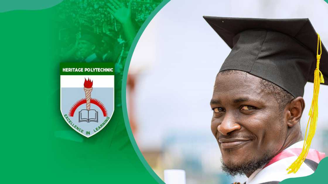 Heritage Polytechnic logo (L) and a student in a graduation cap smiling (R)