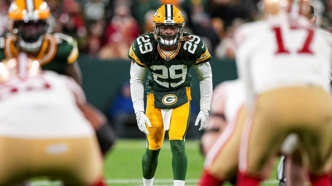 Safety Xavier McKinney gets into position during a game Safety Xavier McKinney gets into position during a game