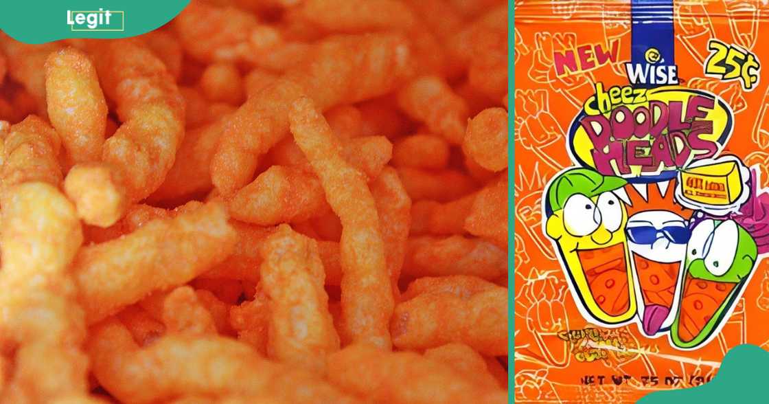 Cheez Doodles (L) and a package of Cheez Doodle Doodle Heads (R).