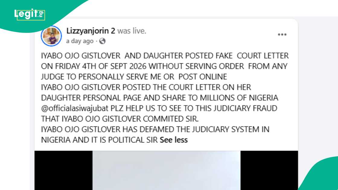 Lizzy Anjorin claims Iyabo Ojo's daughter's court order against her is fake. Lizzy Anjorin claims Iyabo Ojo's daughter's court order against her is fake.
