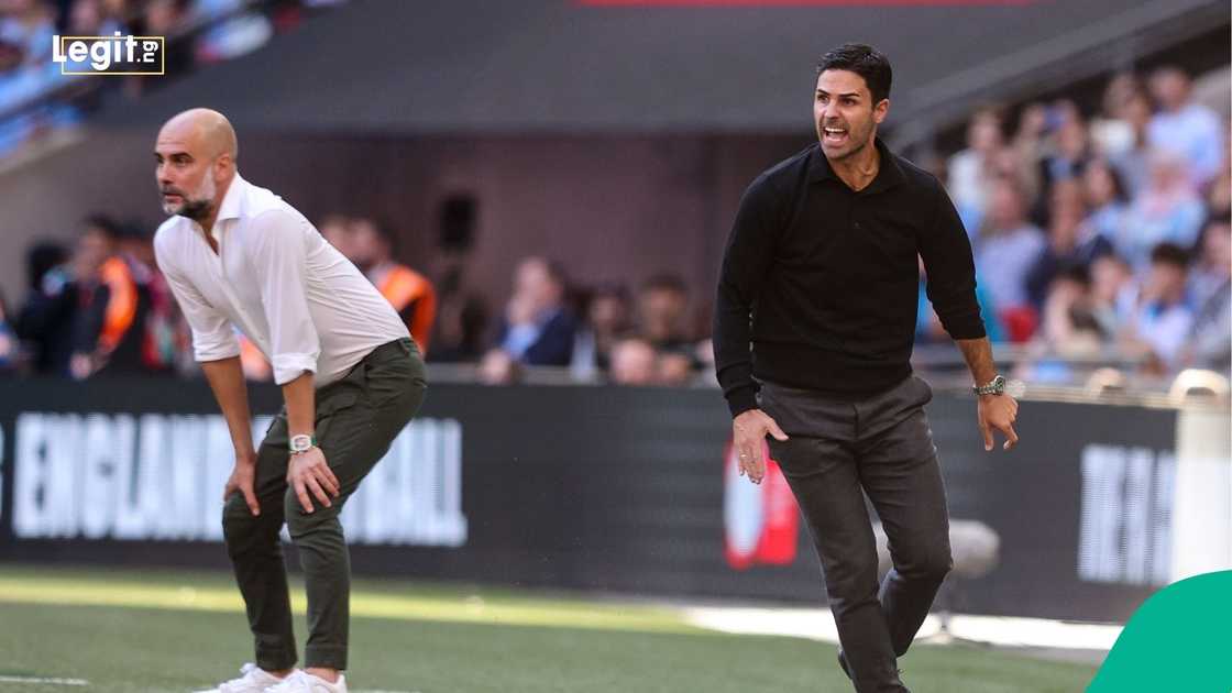 Pep Guardiola, Mikel Arteta, FA Community Shield, Manchester City, Arsenal, London, England. Pep Guardiola, Mikel Arteta, FA Community Shield, Manchester City, Arsenal, London, England.