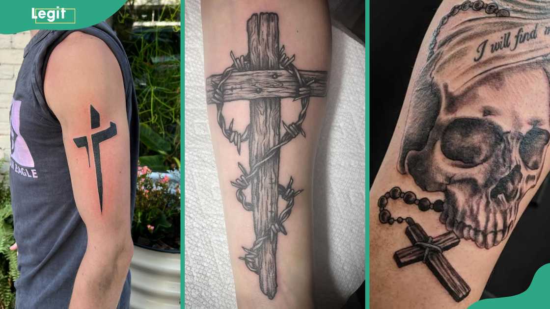 3D cross (L), barbed wire cross (C) and skull and cross (R) tattoos 3D cross (L), barbed wire cross (C) and skull and cross (R) tattoos